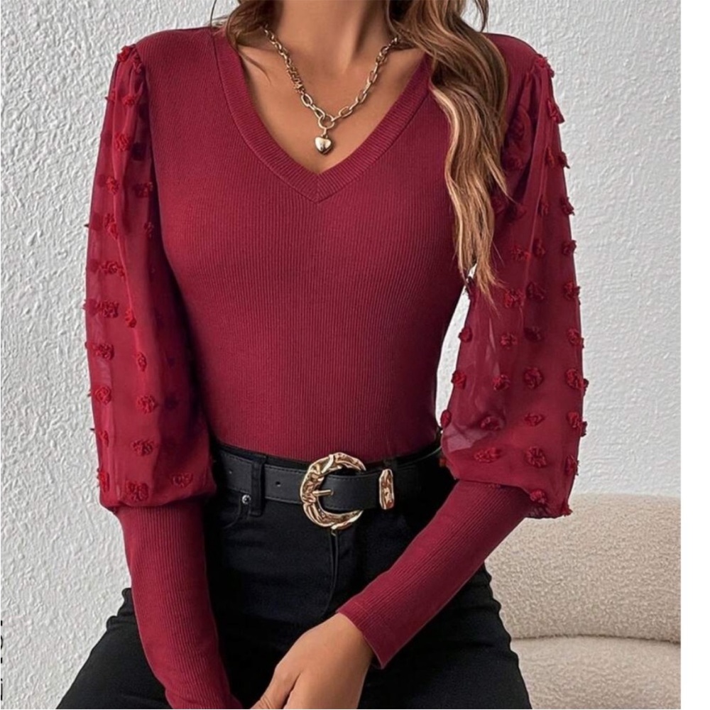 Burgundy Fitted V neck Swiss Dot Puff Sleeve Top XS S M L